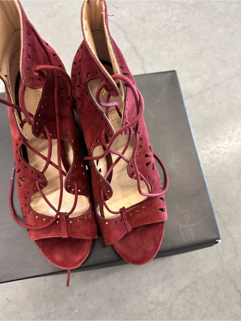 Nine West Burgundy Suede Lace-Up Peep-Toe Heels